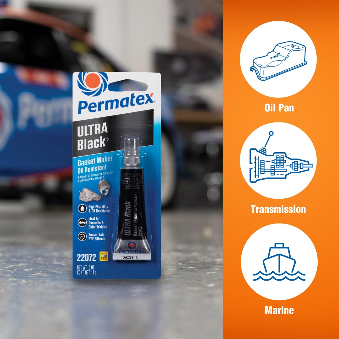 Permatex Ultra Black 22072 Maximum Oil Resistance RTV Silicone Gasket Maker, Sensor Safe And Non-Corrosive, For High Flex And Oil Resistant Applications 0.5 oz