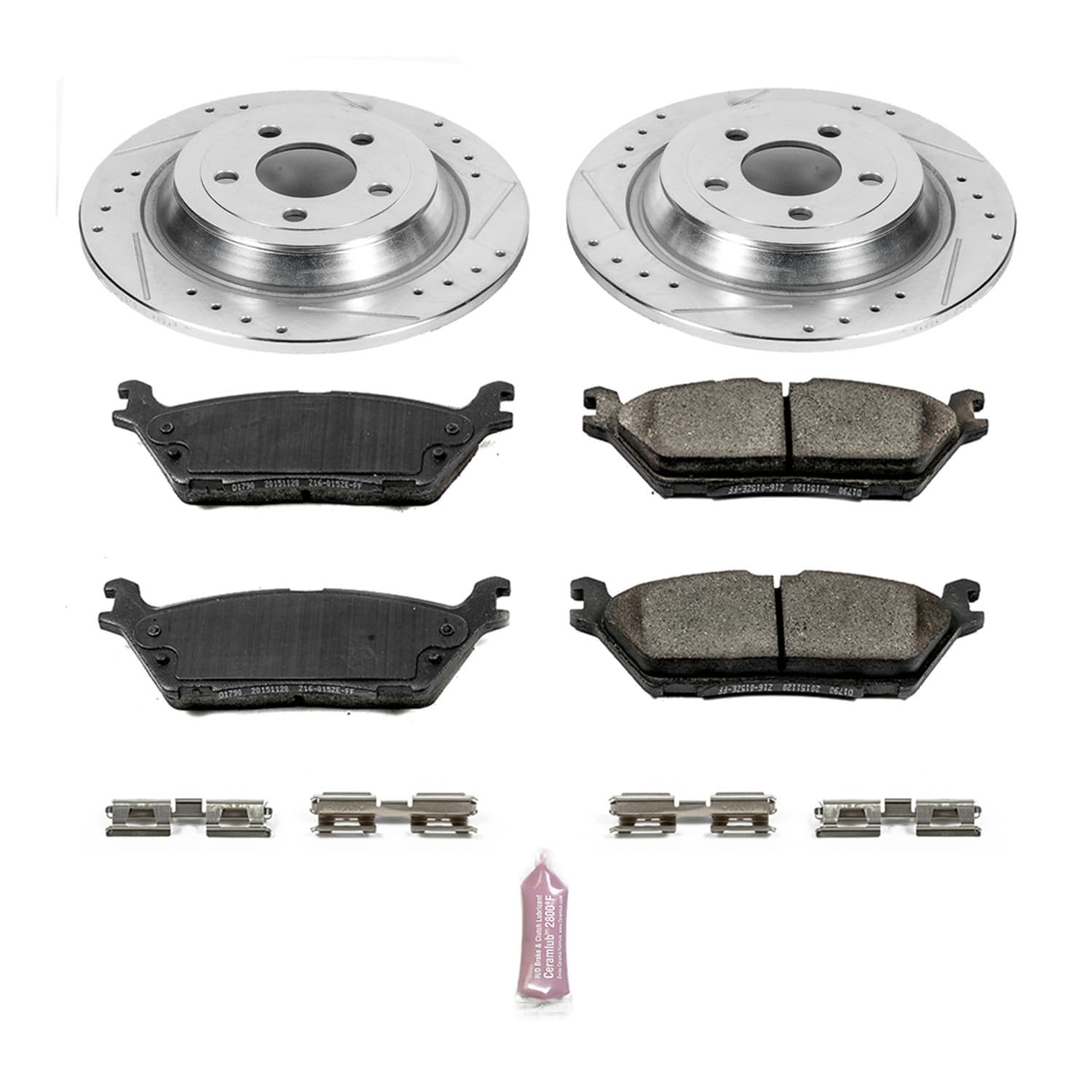 Power Stop K6814 Z23 Carbon Fiber Brake Pads Rear with Drilled and Slotted Brake Rotors Kit For 2015-2017 Ford F-150 6 Lug SSV [Specific With Electric Parking Brake]