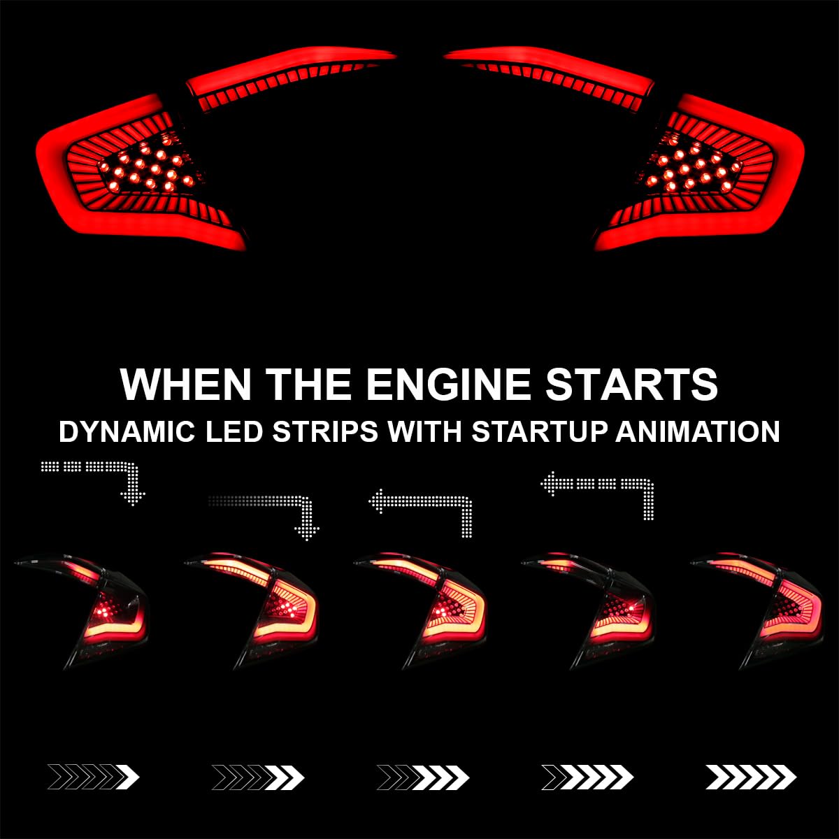 Glossy Black Smoke SPEC-D TUNING Tail Lights w/Red LED Strips, Sequential LED Turn Signal, and Startup Animation Compatible with 2016-2021 Honda Civic 4-Door Sedan, Left + Right Pair Assembly