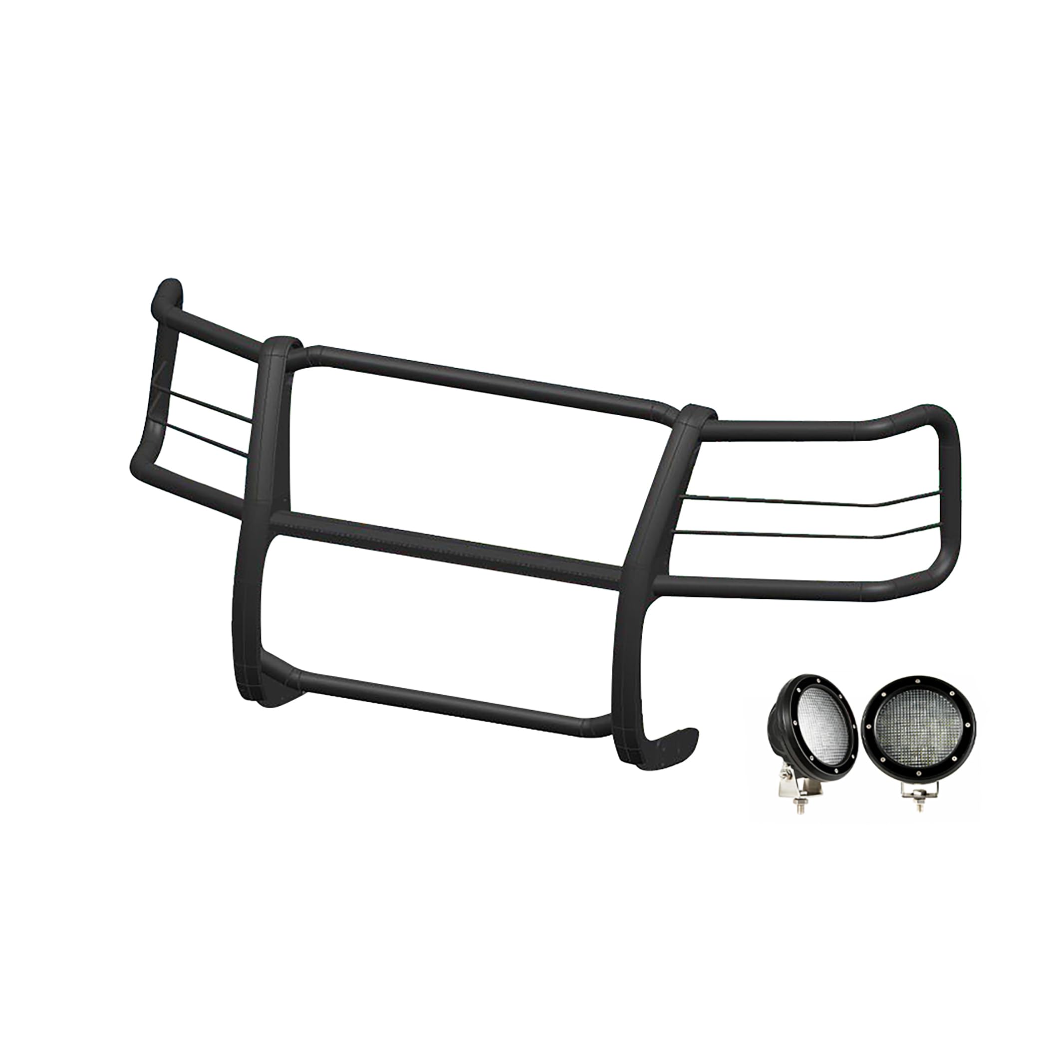 Bumper Guard Black Horse Grille Brush Modular Black Come with Pair of 5.3" Dia.LED Lights with Black Trim Rings Compatible with 2015-2024 Chevrolet Express Passenger-17GV02MA-PLFB
