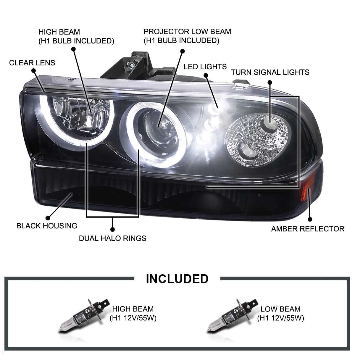 Black Halo SMD LED Projector Headlights + Black Bumper Lights SPEC-D TUNING Compatible with 1998-2004 Chevy S10, Left + Right Pair Headlamps Assembly