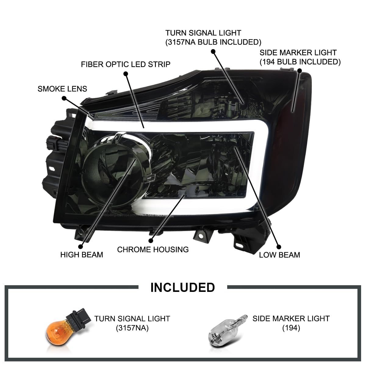 Smoke Headlights w/LED Light Bar SPEC-D TUNING Compatible with 2004-2015 Nissan Titan, 2004-2007 Armada, Left + Right Pair Headlamp Assembly