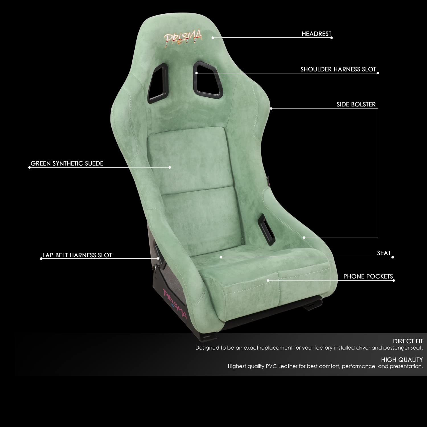 NRG Innovations Universal NRG-FRP-303OL-PRISMA Fixed Back Bucket Racing Seat for 5-Point Harnesses, Size M, Olive Alcantara Material, 22" W X 34" H X 16" D