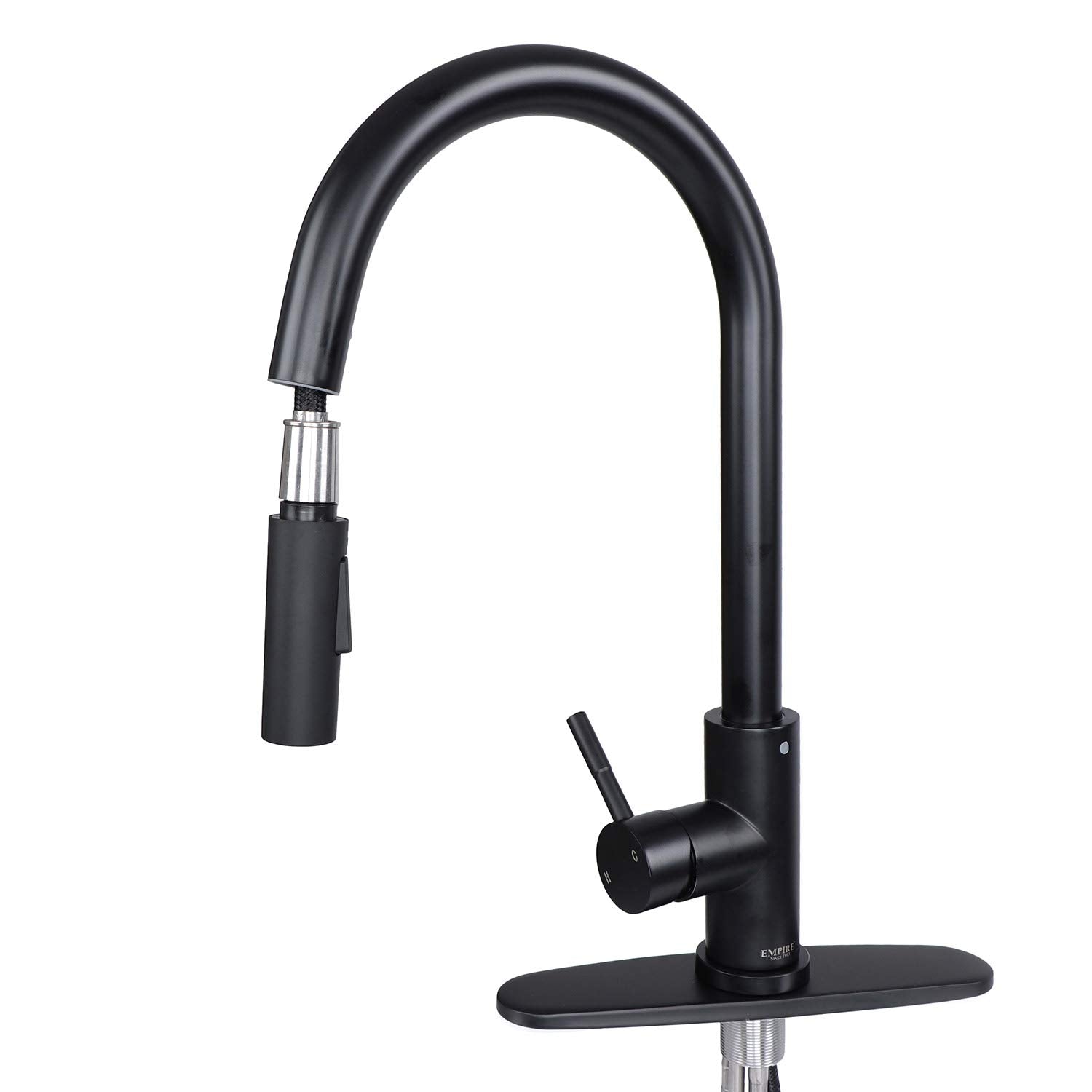 Single Lever Pull-Down Kitchen Faucet Empire Faucets SL4000BMT-A with Hi-Arc Bullet Spout and Deck Plate - Black Matte