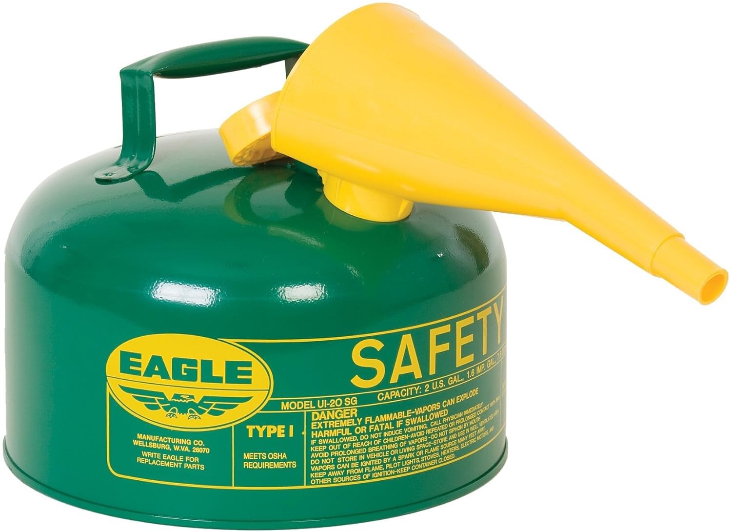 Eagle 2 Gallon Green Type I Safety Gas Can for Oil and Other Combustibles with Flame Arrester, Self-Closing Lid, and F-15 Funnel, Made in the USA, Galvanized Steel Flammable Storage Can, UI20FSG