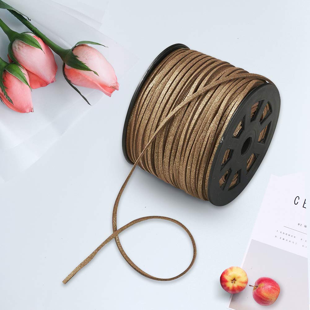 100 Yards JEWELEADER Flat Faux Suede Leather Lace 3mm Micro-Fiber Leather String Cord Beading Thread with Glitter Powder for Jewelry Making Crafting Tassels Necklaces Bracelet Bowknot - Goldenrod