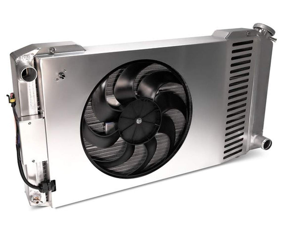 Slim-Fit PFM Radiator, Direct Fit Series, 31-13/64 in W x 16-51/64 in H x 4 in D, Single Pass, Driver Side Inlet, Passenger Side Outlet, Aluminum, Natural, Manual Transmission, GM A-Body 1968-77, Each