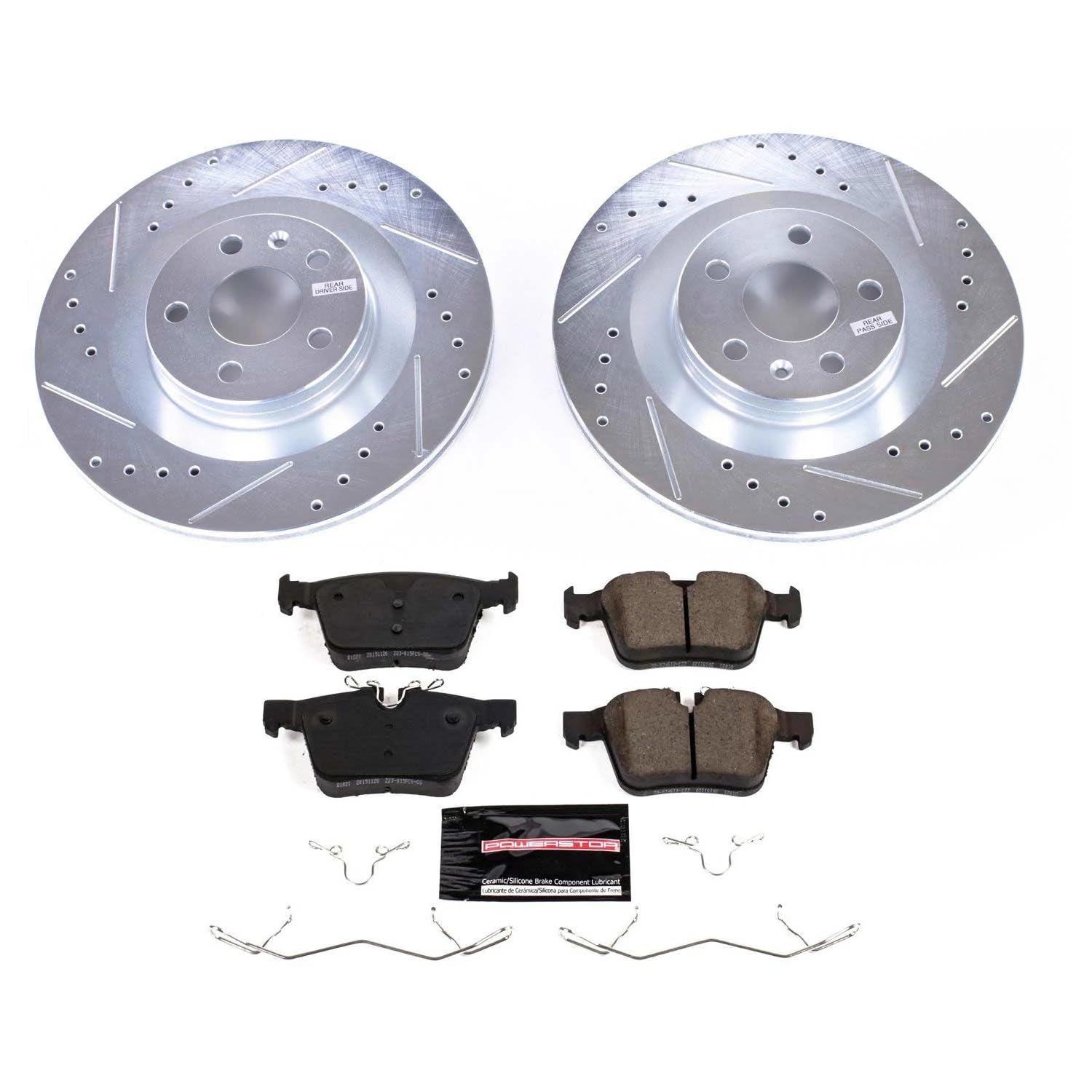 Power Stop K7757 Rear Brake Pads Z23 Carbon Fiber with Drilled & Slotted Brake Rotors Kit For S60, S90, V60, V60 Cross Country, V90, V90 Cross Country, XC60, XC90 [Model Specific]