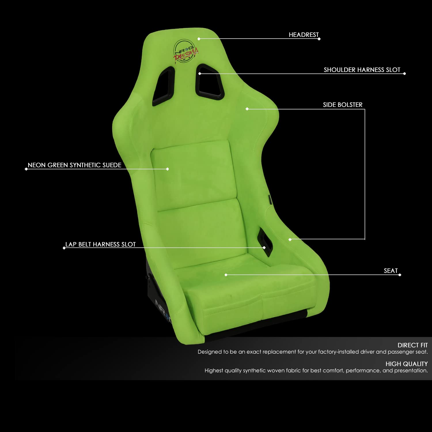 NRG Innovations Universal Fixed Back NRG-FRP-302NG-PRISMA Bucket Racing Seat for 5-Point Harnesses, Size L, Green Alcantara Material, 24" W X 35" H X 18" D