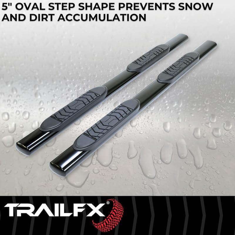 Truck Running Boards Fits 2011-2024 Ram 2500 Mega Cab Oval 5 Inch Straight Nerf Bars with Step Pads Black Semi-Gloss Powder Coated Steel, Welded End Caps, Rocker Panel Mount TrailFX A7057B