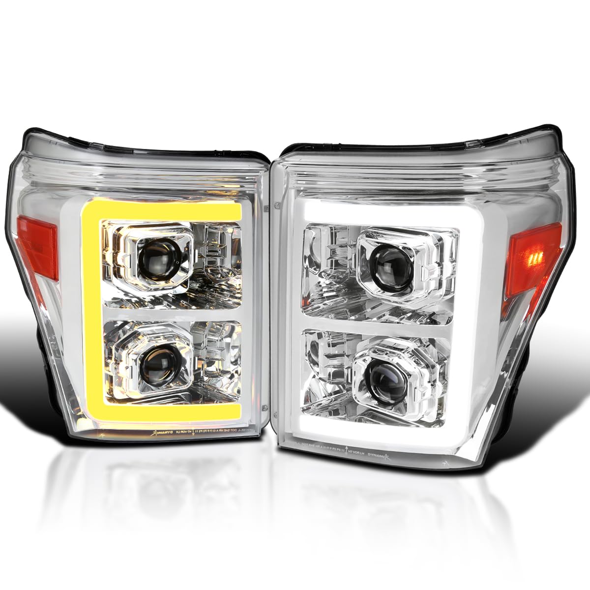 Chrome Projector Headlights SPEC-D TUNING w/Switchback Sequential LED Bar and Startup Animation Compatible with 2011-2016 Ford F250, F350, F450, F550 Super Duty, Left + Right Pair Headlamps Assembly