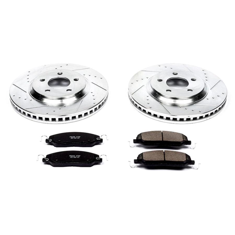 Power Stop K1380 Z23 Carbon Fiber Brake Pads with Drilled & Slotted Brake Rotors Kit For Ford Mustang 2005-2010 [Model Specific]