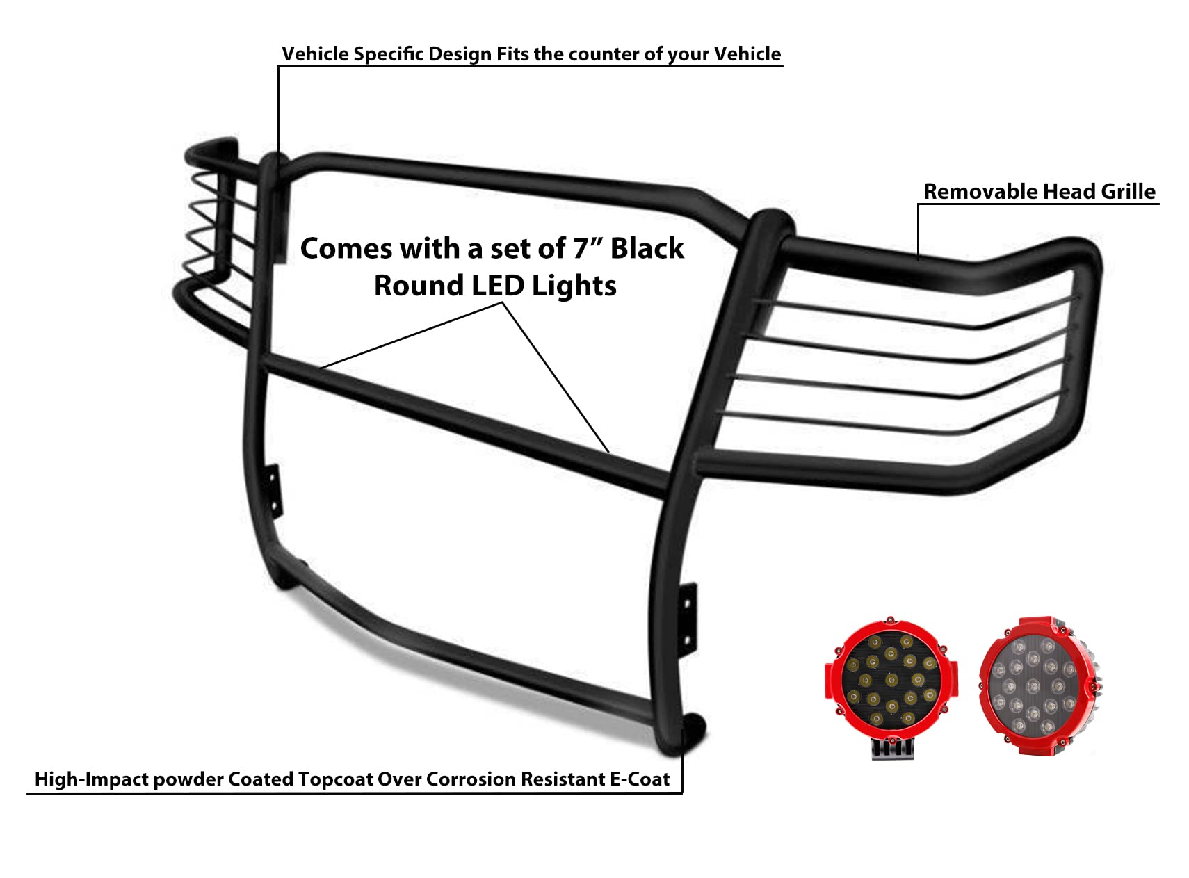 Bumper Guard Black Horse Grille brush Modular Come With pair of 7.0"Dia.LED Lights with Red Trim Rings Compatible with 1999-2007 Ford F-250/F-350/F-450/F-550 Super Duty-17FB23MA-PLR