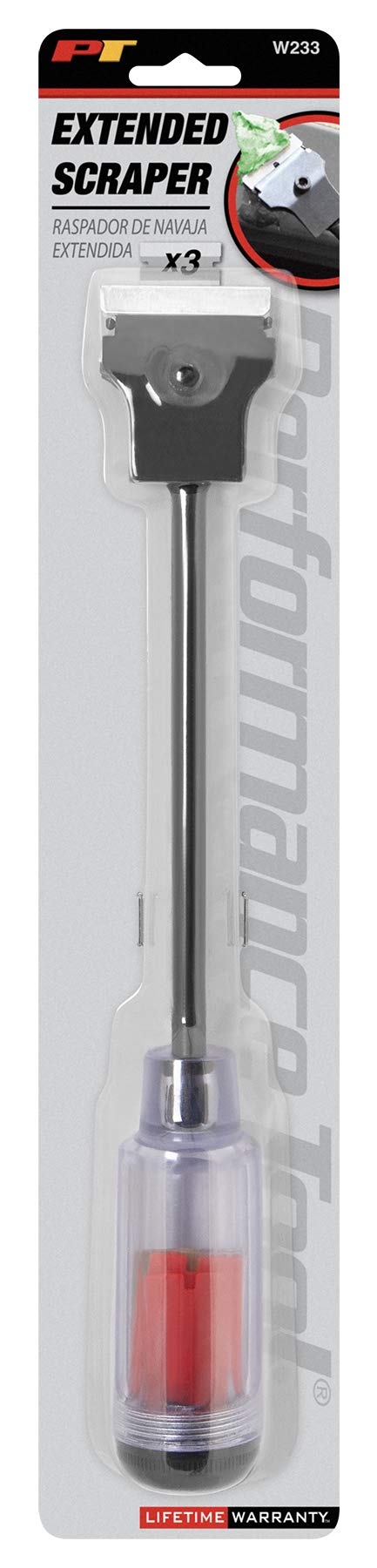 12-Inch Performance Tool W233 Long Reach Extension Scraper with 3pc Double Edged Plastic Razor Scraper Blades and 3pc Carbon Steel Razor Scraper Blades