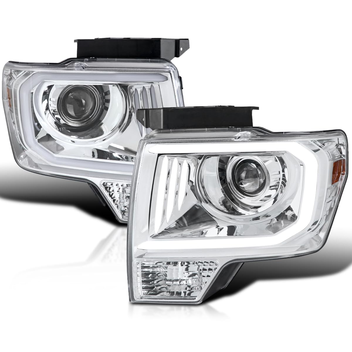 Chrome Projector Headlights w/LED Tube SPEC-D TUNING Compatible with 2009-2014 Ford F150, Left + Right Pair Headlamps Assembly
