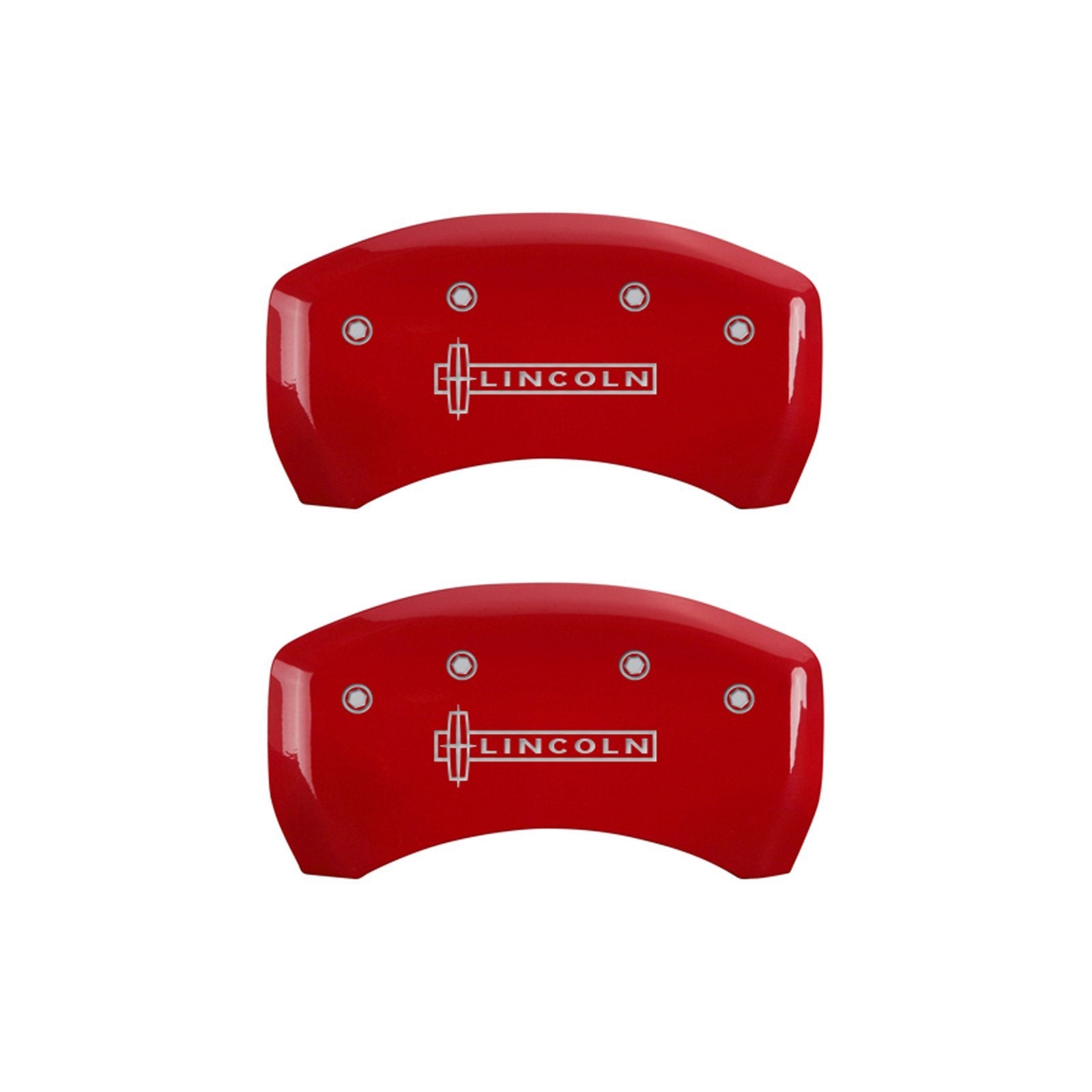 MGP 36020SLCNRD Caliper Covers Red Powder Coat Finish Front and Rear Caliper Cover, Set of 4 (Lincoln Silver Characters, Engraved)
