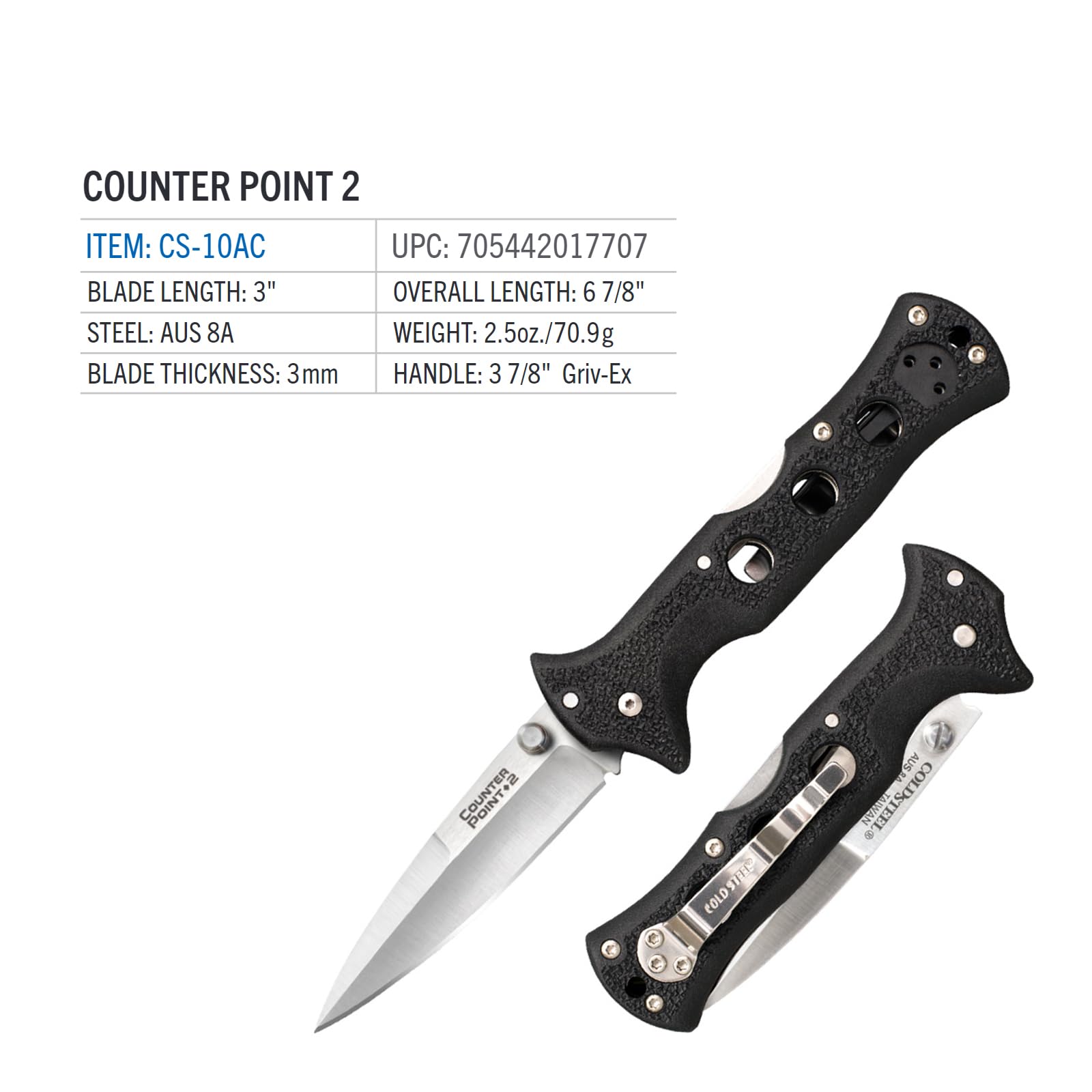 COLD STEEL 2 Counter Point 3" Japanese AUS8A Razor-Sharp Blade 3.875" Griv-Ex Handle Narrow Blade Folding Knife w/Tri-Ad Locking Mechanism