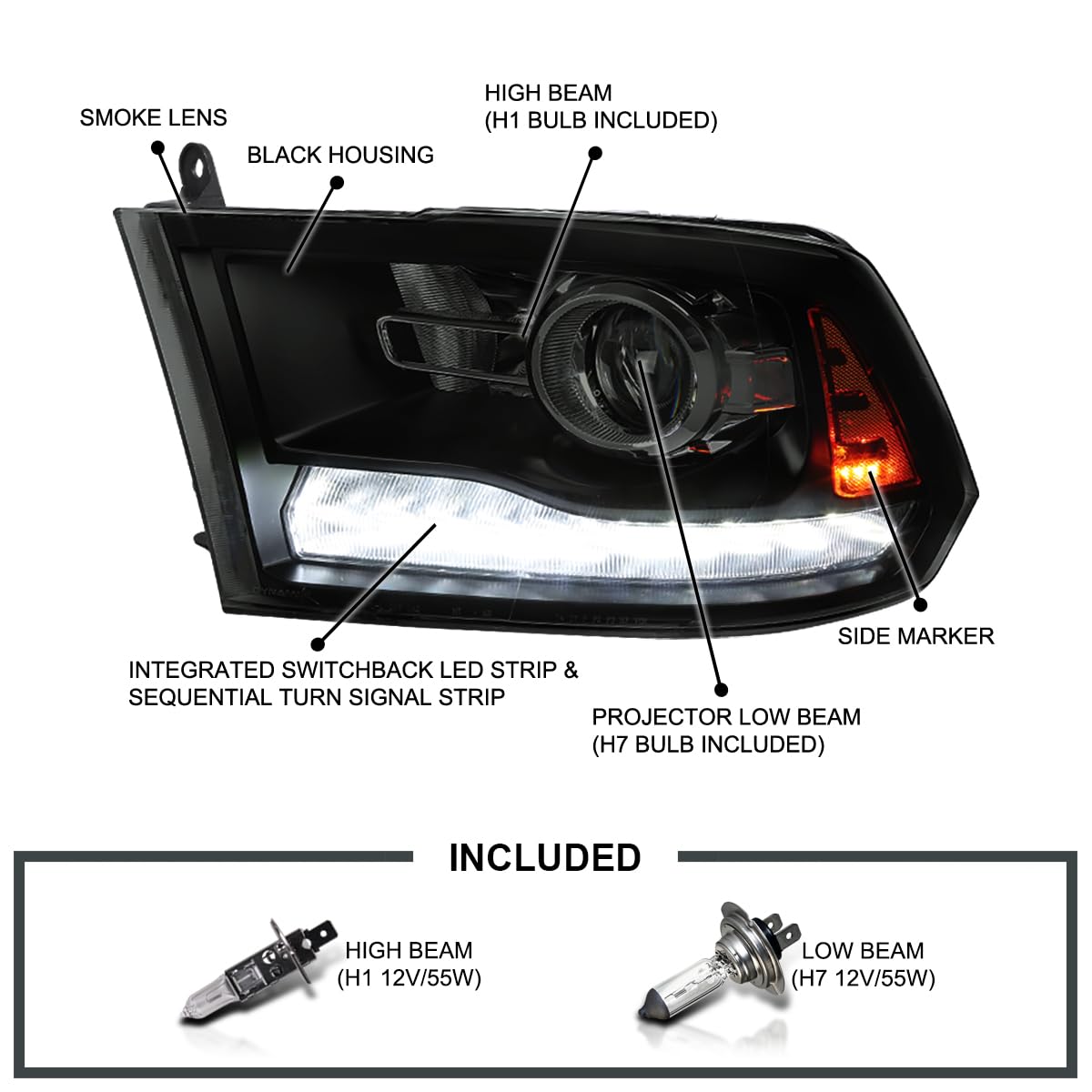 Black Smoke SPEC-D TUNING Projector Headlights + Sequential Switchback LED Signal Strip Compatible with 2009-18 Dodge RAM 1500/2500/3500, 2019-24 Dodge RAM 1500 Left + Right Pair Headlamps Assembly