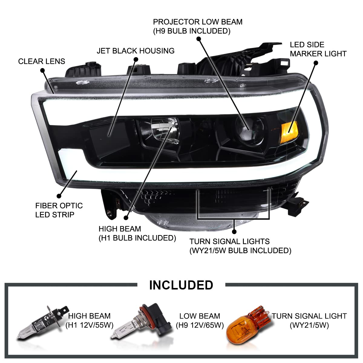 Jet Black SPEC-D TUNING Projector Headlights w/LED Bar Compatible with 2019-2024 Dodge Ram 2500, 3500, 4500, Left + Right Pair Headlamps Assembly