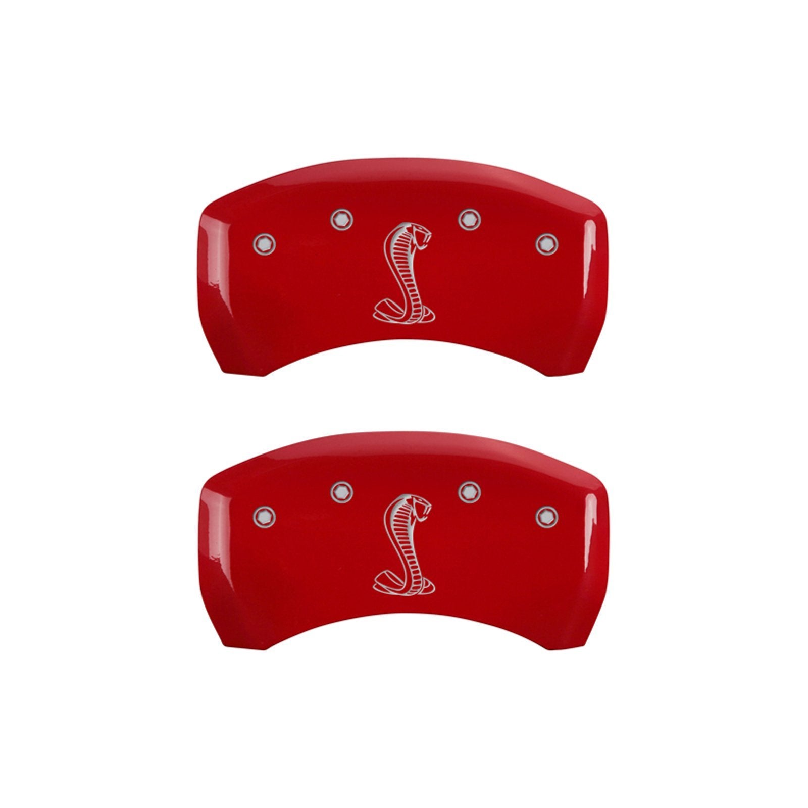 Brake Caliper Covers MGP for Ford Mustang GT, GT Premium 2015-2023 - Red Powder-Coated Finish, Engraved Silver Tiffany Snake Logo, Front and Rear Caliper Covers (Set of 4)