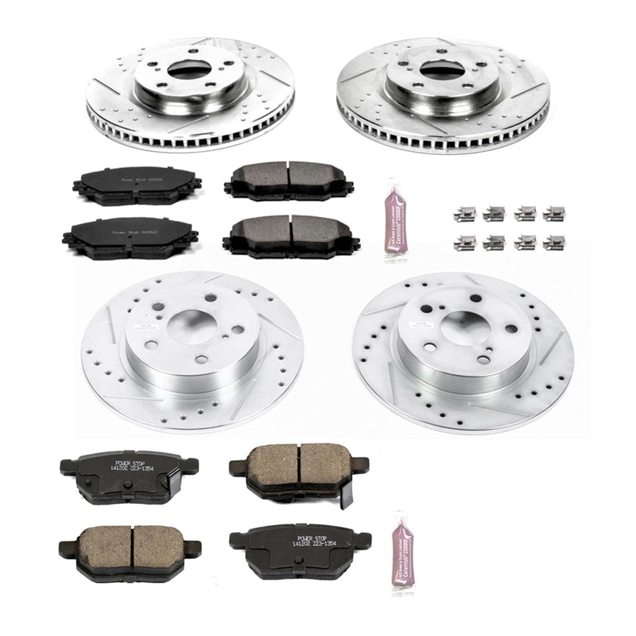 Power Stop K6076 Z23 Carbon Fiber Brake Pads Front and Rear with Drilled & Slotted Brake Rotors Kit For Scion tC 2011-2016 [Model Specific]