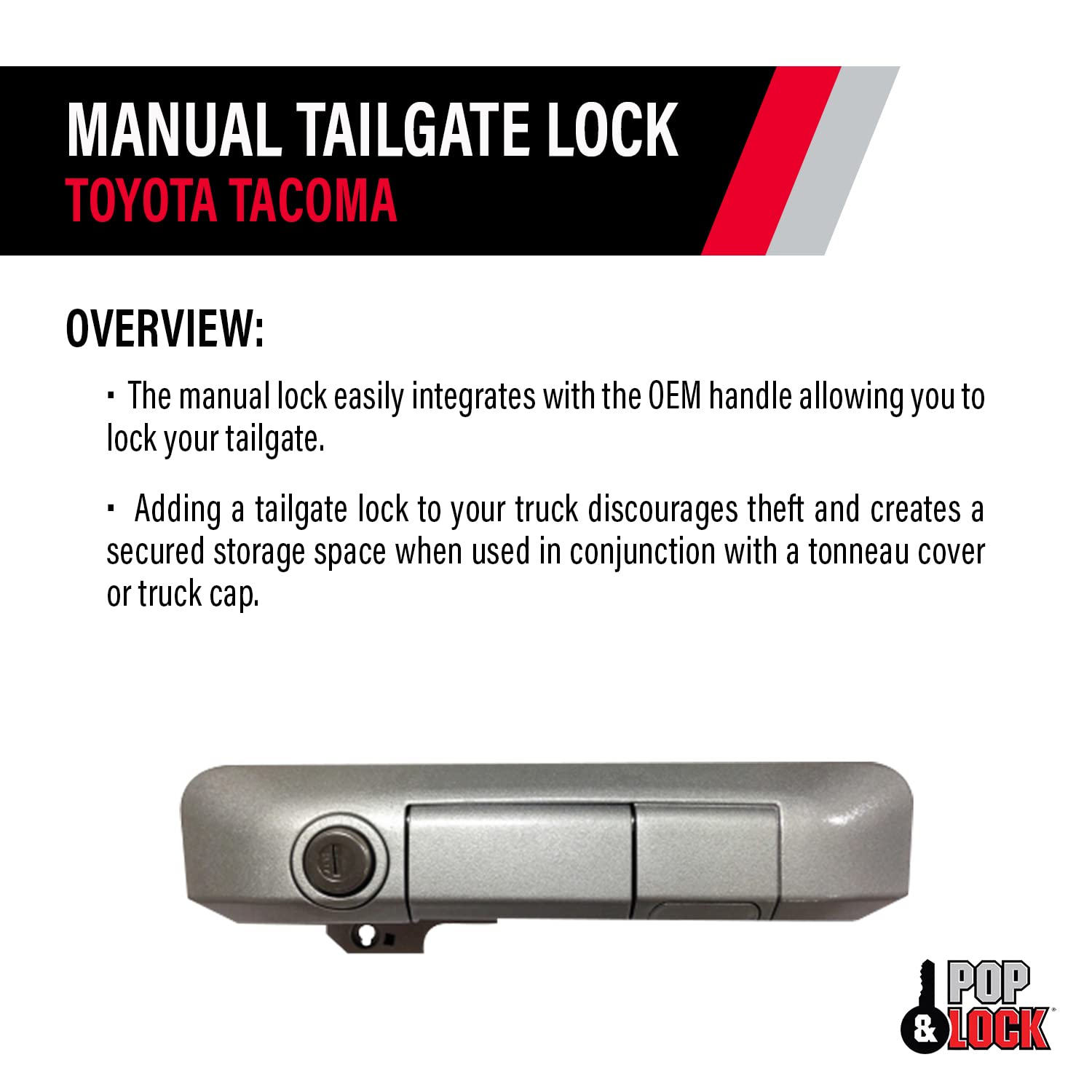 Manual Tailgate Lock for Toyota Tacoma – Pop & Lock, Fits 2005 to 2015 Models (OEM Color Silver Streak Mica PL5505, Standard Lock)