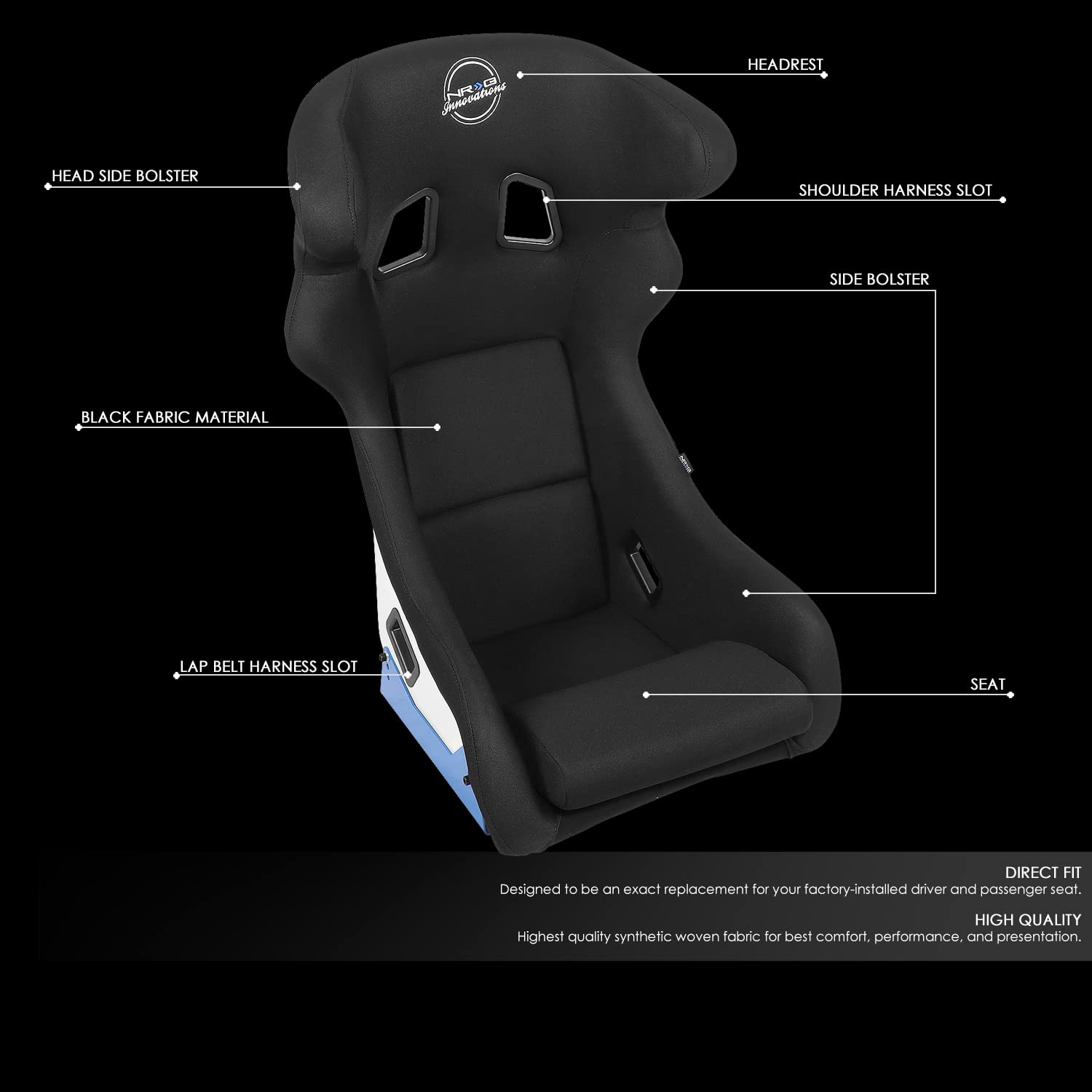 NRG Innovations Arrow Embroidery NRG-FRP-600WT Fixed Back Bucket Racing Seat With Side Mount Brackets,White Fiberglass Shell/Black Fabric Seat Cover, 34.5" H X 24" W X 21" D