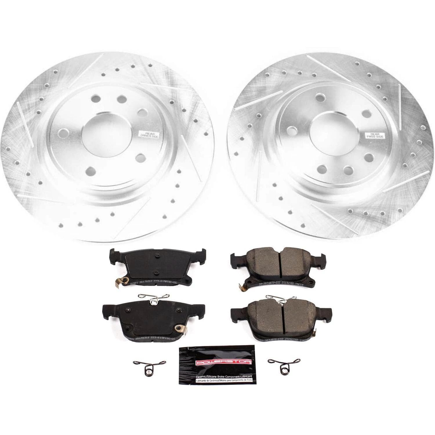 Power Stop K7845 Rear Brake Pads Z23 Carbon Fiber with Drilled & Slotted Brake Rotors Kit For Chrysler Pacifica 2017-2023, Chrysler Voyager 2020-2023 [Model Specific]
