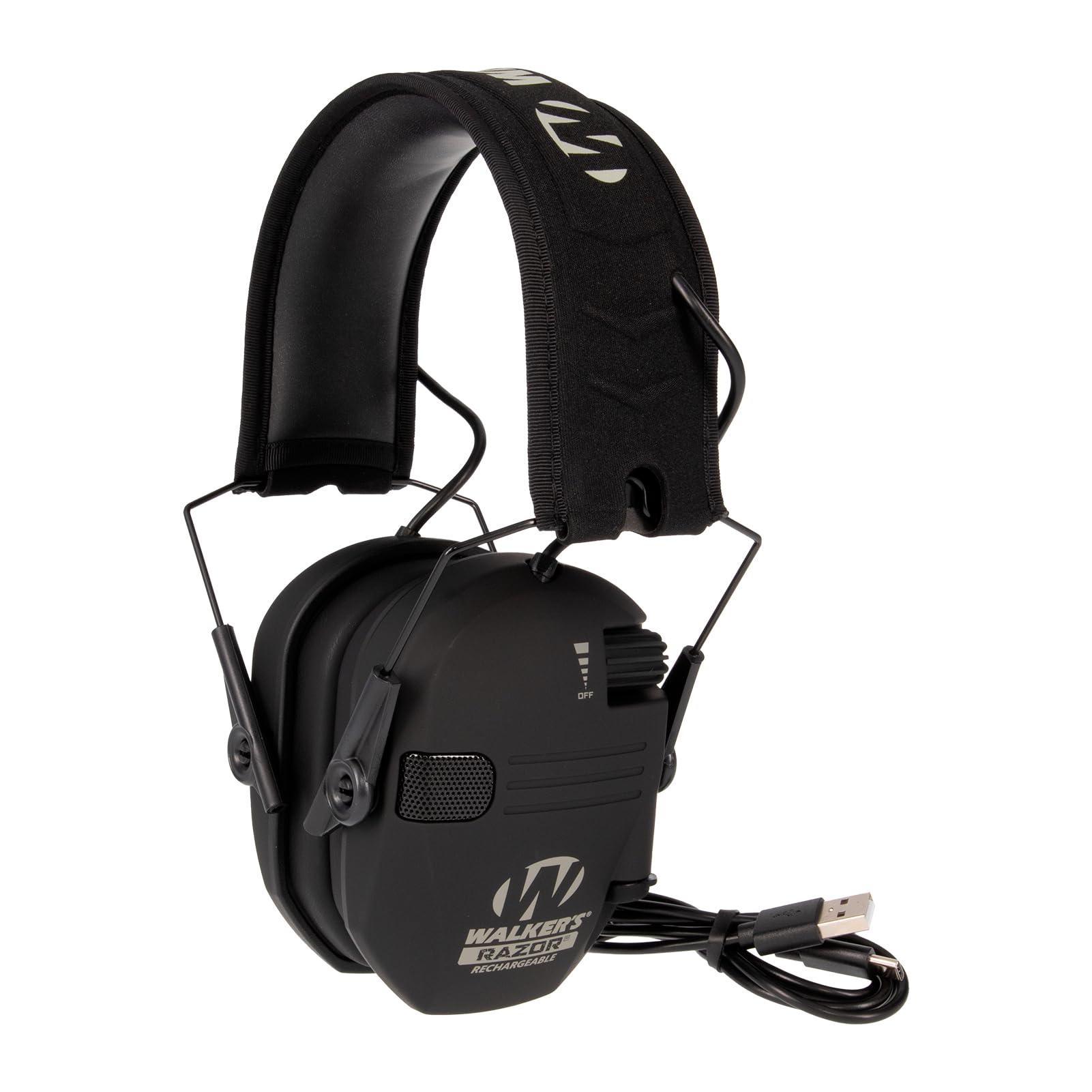 WALKER'S Razor Electronic Muff Rechargeable - HD Speakers 21dB NRR Compact Collapsible Hunting Shooting Hearing Protection Earmuffs, USB Charging Cable Included, Black