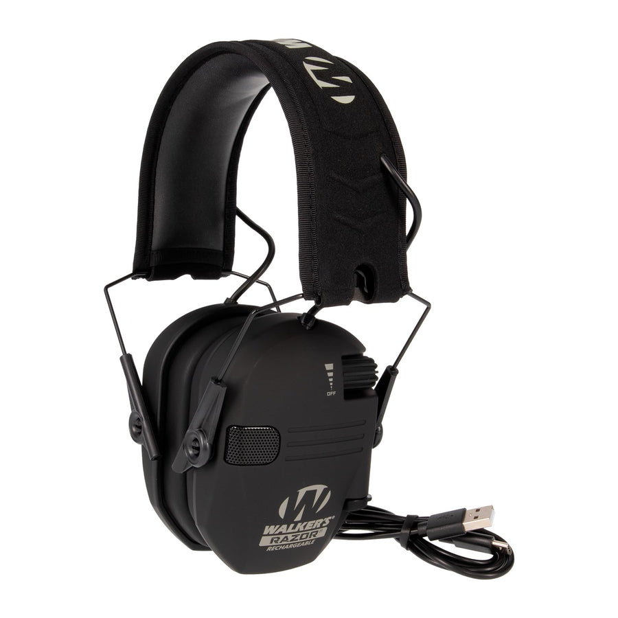 WALKER'S Razor Electronic Muff Rechargeable - HD Speakers 21dB NRR Compact Collapsible Hunting Shooting Hearing Protection Earmuffs, USB Charging Cable Included, Black