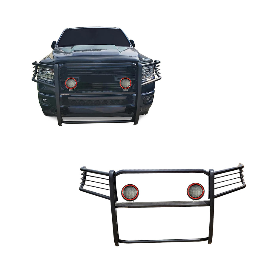 Bumper Guard Modular Black Black Horse Grille Brush Come with Pair of 5.3" Dia.LED Lights with Red Trim Rings Compatible with 2019-2024 Ram 1500-17DG111MA-PLFR
