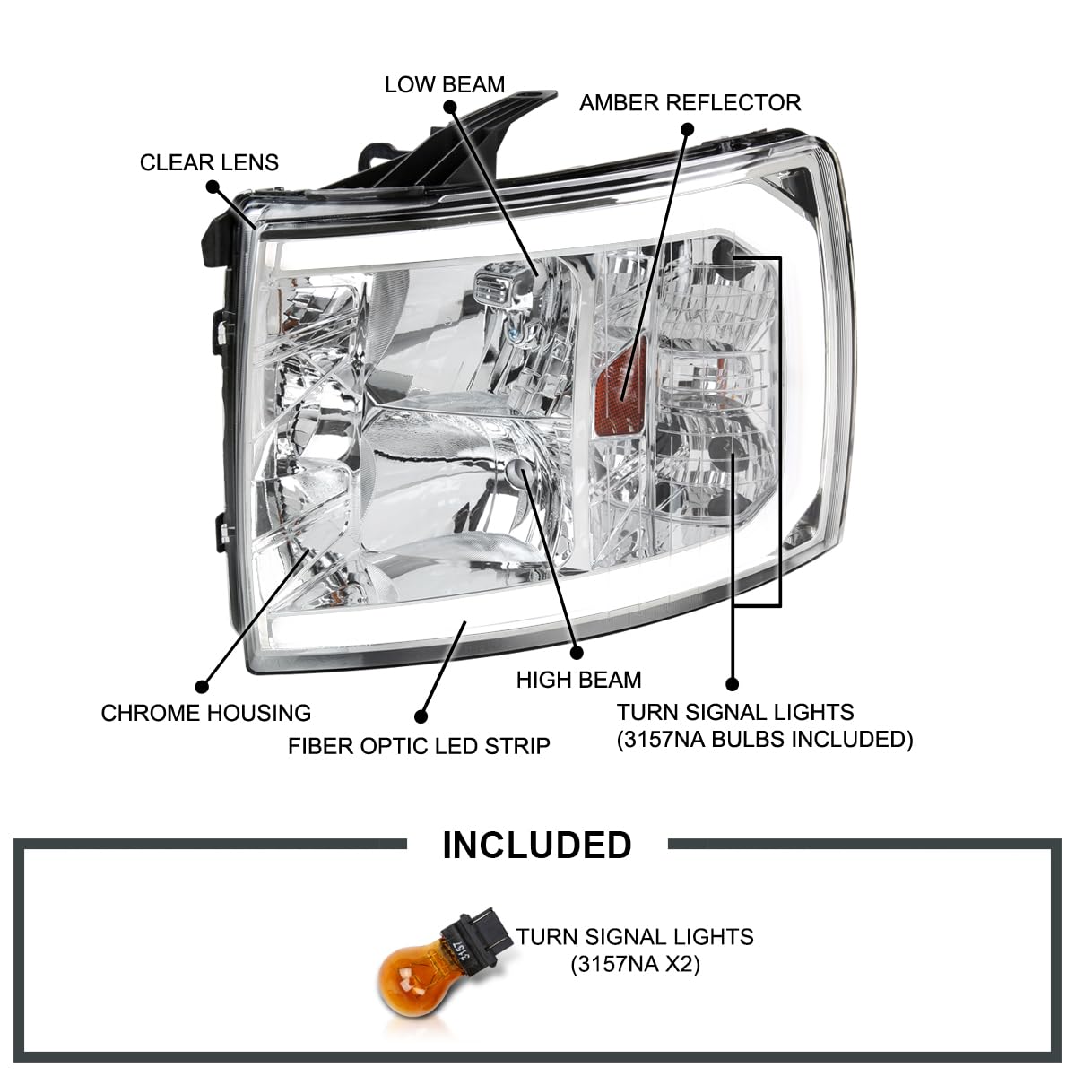 Chrome Headlights SPEC-D TUNING w/LED Strip Compatible with 2007-2013 Chevy Silverado 1500/2500HD/3500HD, Left + Right Pair Headlamp Assembly