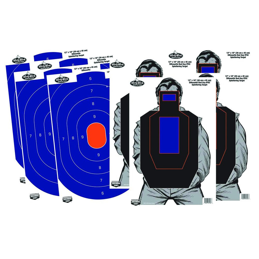 Birchwood Casey 12" X 18" Non-Adhesive Dirty Bird White Splattering Practice Shooting Target Combo Pack for Indoor and Outdoor Use, 4 - Blue/Orange Oval & 4 - Bad Guy IPSC - 8 Targets