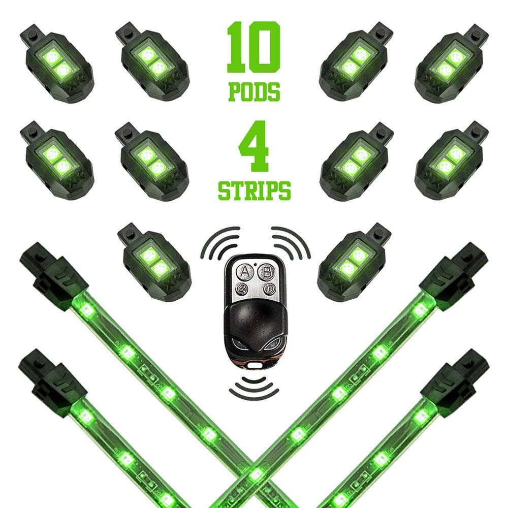 XKGLOW Green XK034002-G - 10xPod + 4x8 Strips Single Color LED Accent Light Motorcycle Kit