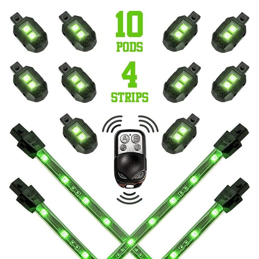 XKGLOW Green XK034002-G - 10xPod + 4x8 Strips Single Color LED Accent Light Motorcycle Kit
