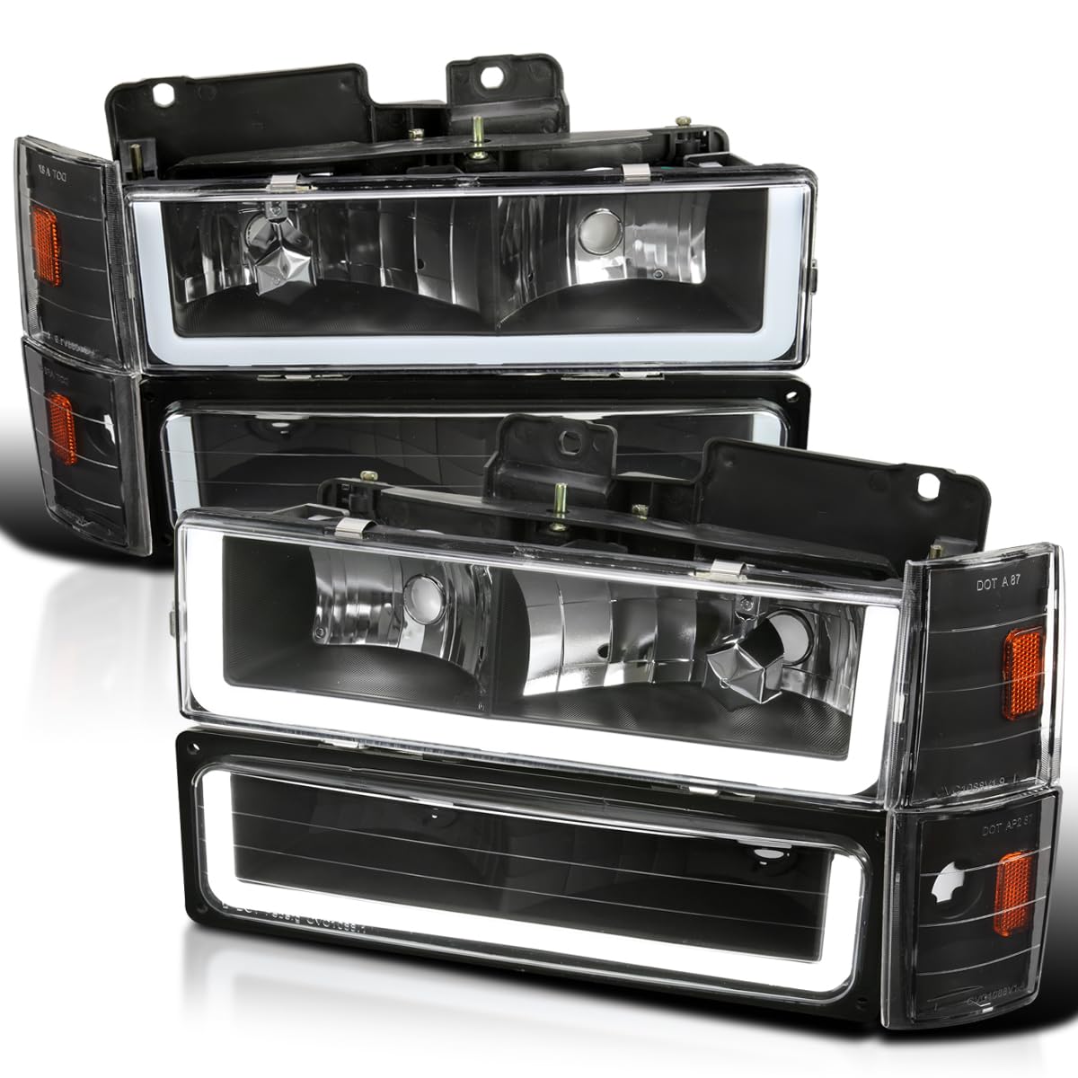 Black LED Tube Headlights + Bumper Lights + Corner Lights SPEC-D TUNING Compatible with 1988-1993 Chevy GMC C10 C/K Suburban, Left + Right Pair Headlamps Assembly