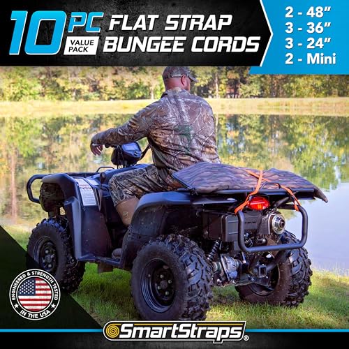 SmartStraps - SmartStraps 215 Bungee Cords (10pc Value Pack) – Secure Luggage, Coolers and Other Light Loads for Transport – Flat Strap Bungee Cords Distribute Load to Reduce Slipping