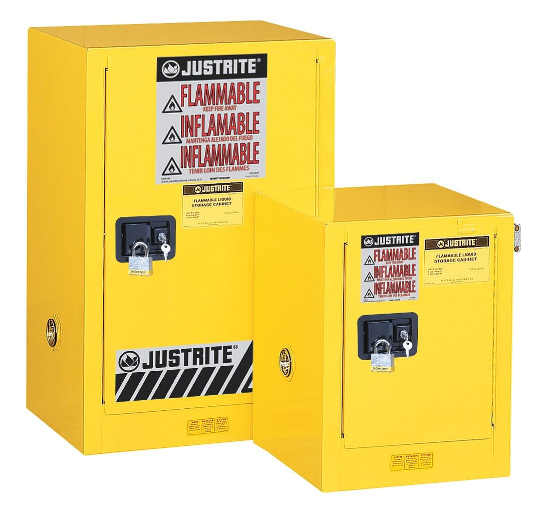 Justrite 12 Gallon Flammable Storage Cabinet Self Close Countertop, 18 Gauge Steel, 1 Shelf, 1 Door Fire Cabinet, 35" x 23" x 18", Made in The USA, Red, 891221