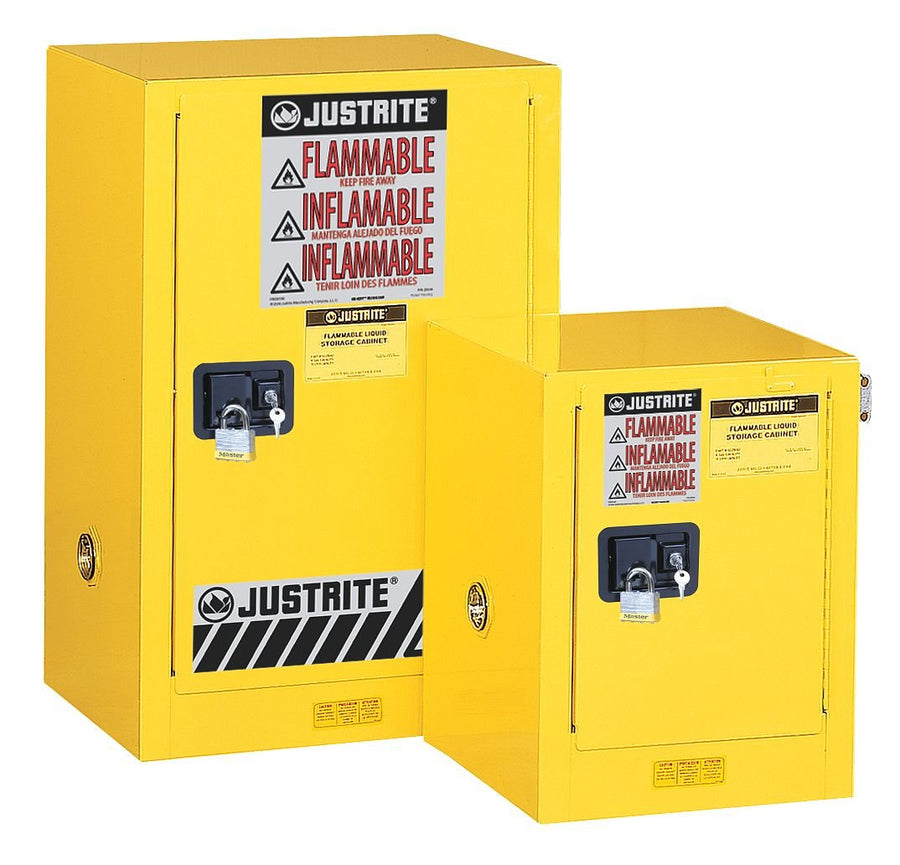 Justrite 12 Gallon Flammable Storage Cabinet Self Close Countertop, 18 Gauge Steel, 1 Shelf, 1 Door Fire Cabinet, 35" x 23" x 18", Made in The USA, Red, 891221