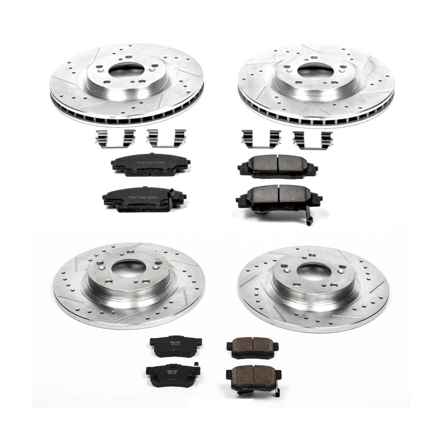 Power Stop K2277 Z23 Carbon Fiber Brake Pads Front and Rear with Drilled & Slotted Brake Rotors Kit For Honda S2000 2000-2009 [Model Specific]