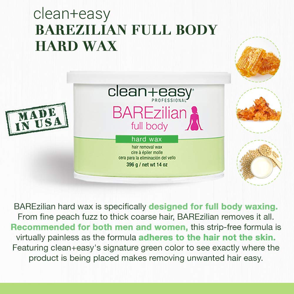 BAREzilian Clean + Easy Hard Wax, Non-Strip Hair Removal Depilatory Wax for Full Body, Bikini Brazilian Waxing, Great for Sensitive Skin - Ideal for Women and Men, 14 oz
