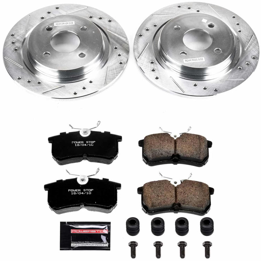 Power Stop K1376 Z23 Carbon Fiber Brake Pads Rear with Drilled & Slotted Brake Rotors Kit For Ford Focus 2002-2004 [Model Specific]