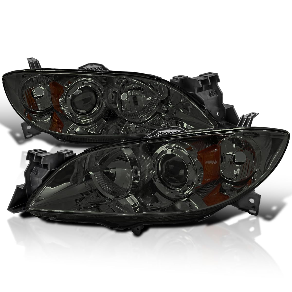 Chrome Smoke Halogen Projector Headlights SPEC-D TUNING Compatible with 2004-2009 Mazda 3 4Dr Sedan, Left + Right Pair Headlamps Assembly