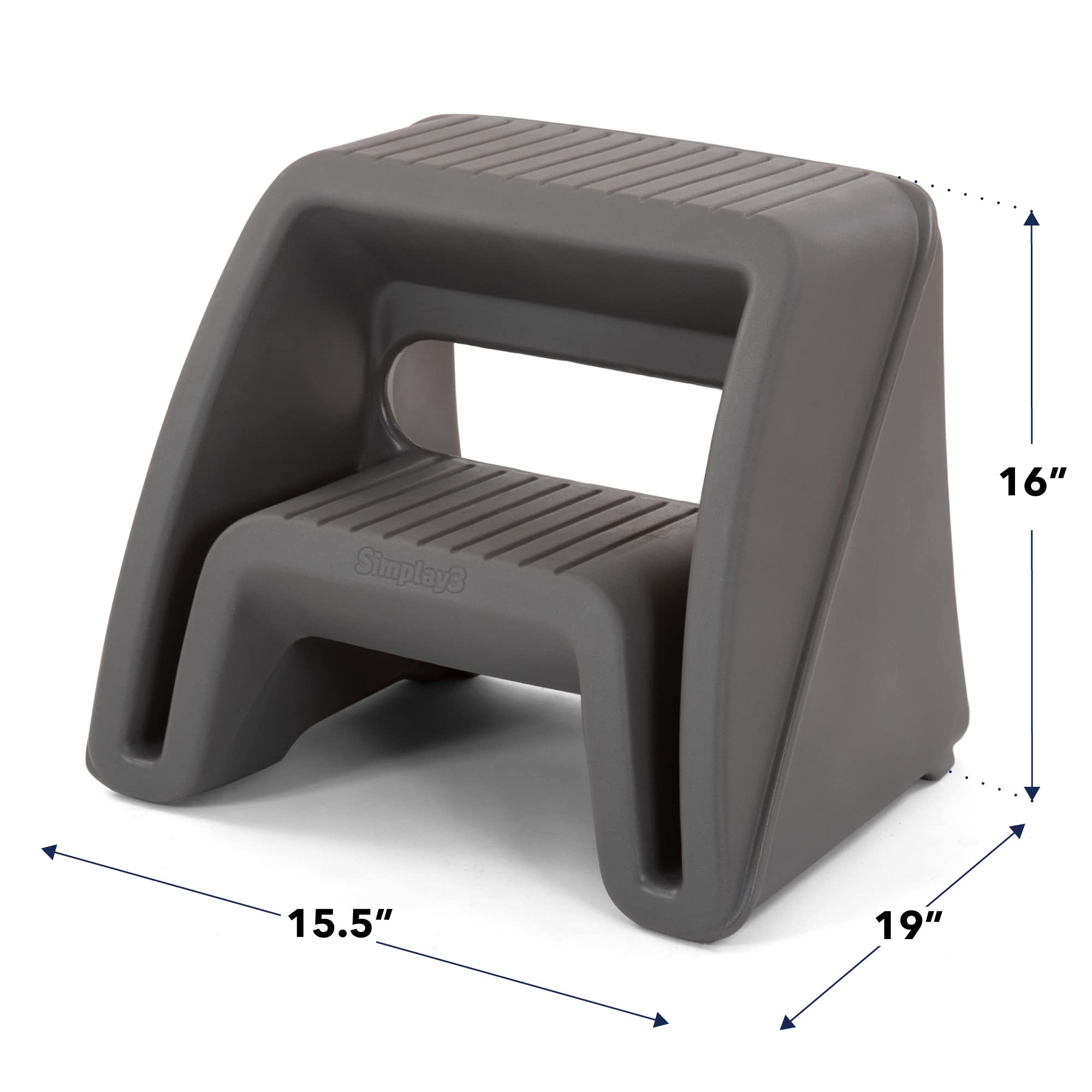 Simplay3 Two-Step Handy Home Step Stool Plastic Seat - Indoor or Outdoor Use - 15.5" x 19" x 16" - Gray, Made in USA