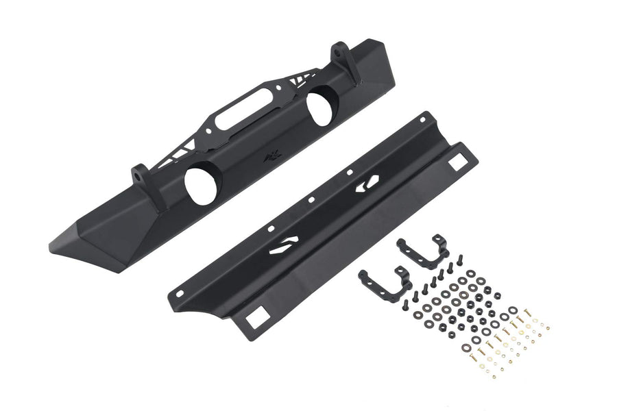 Front Rugged Ridge XOR Bumper for Jeep Wrangler/Gladiator | Stubby w/Skid Plate, Steel, Black | 11541.21 | Fits 2018-2025 Jeep Wrangler JL; 2020-2025 Jeep Gladiator JT