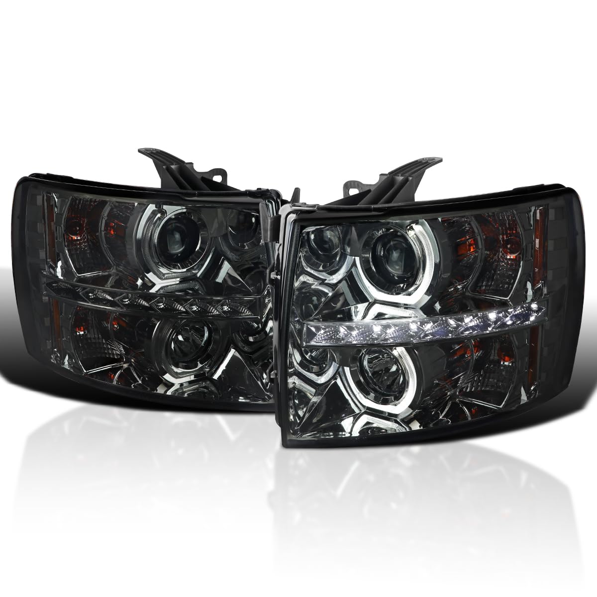 Smoke Halo Projector Headlights SPEC-D TUNING w/LED Compatible with 2007-2013 Chevy Silverado 1500, 2007-2014 Chevy Silverado 2500HD/3500HD, Left + Right Pair Headlamps Assembly