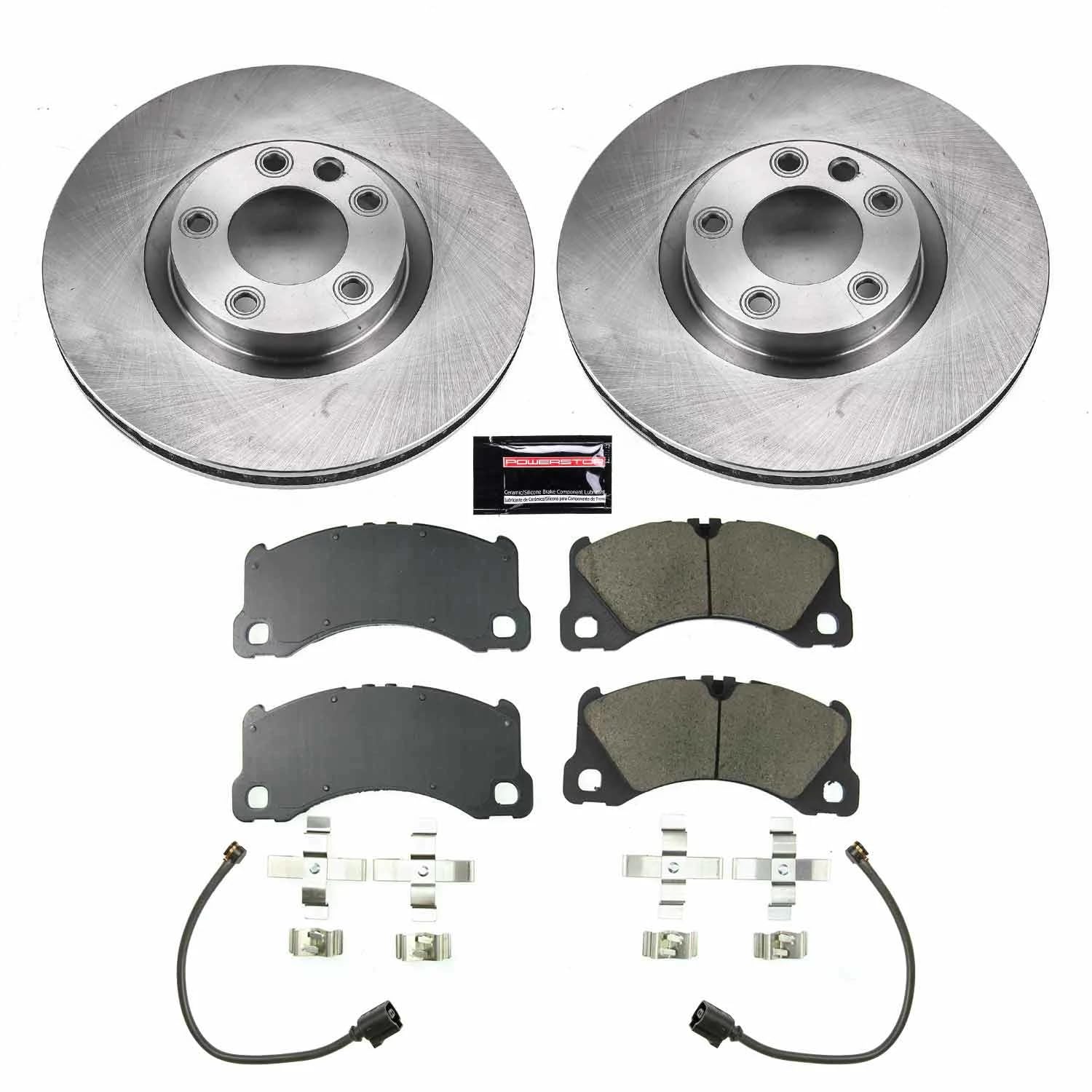 Power Stop KOE8476 Front Replacement Brake Kit-OE Brake Rotors & Ceramic Brake Pads and 2 Front Sensor Wires For Porsche Cayenne 2013-2018 [Model Specific]