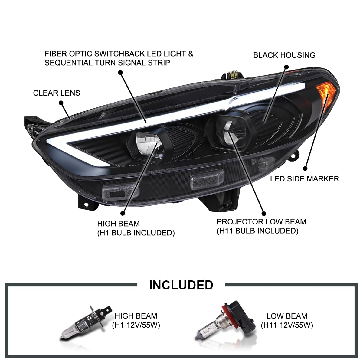 Black SPEC-D TUNING Projector Headlights w/Sequential Switchback LED Tube Signal Compatible with 2013-2016 Ford Fusion, Left + Right Pair Headlamp Assembly