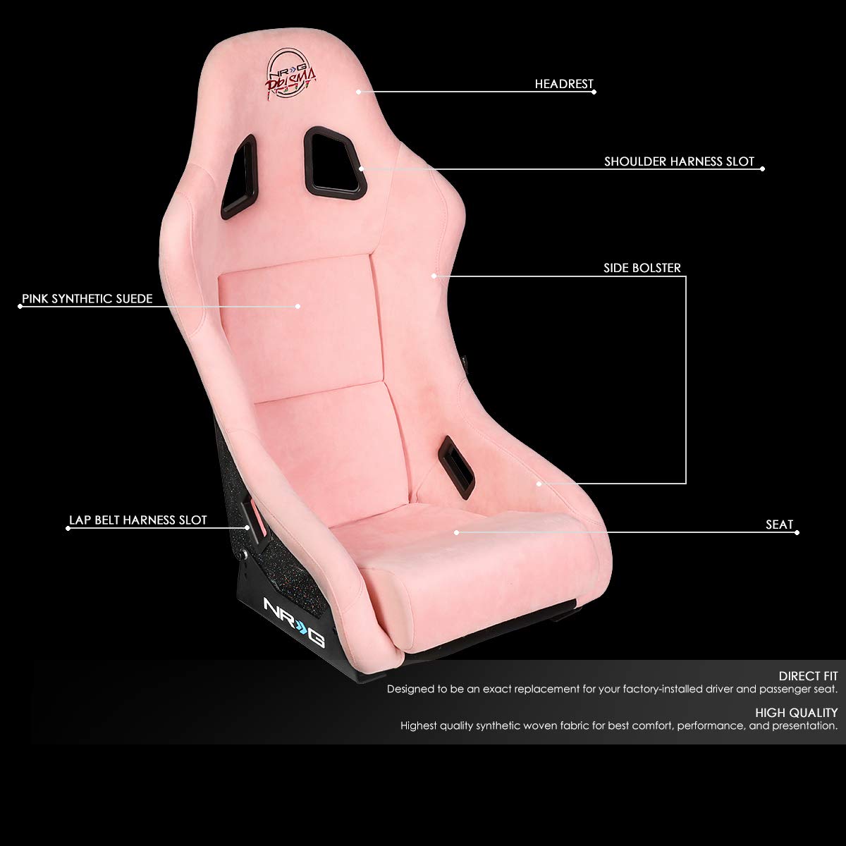 NRG Innovations Universal Fixed Back Bucket Racing Seat NRG-FRP-303PK-PRISMA for 5-Point Harnesses, Size M, Pink Alcantara Material, 22" W X 34" H X 16" D