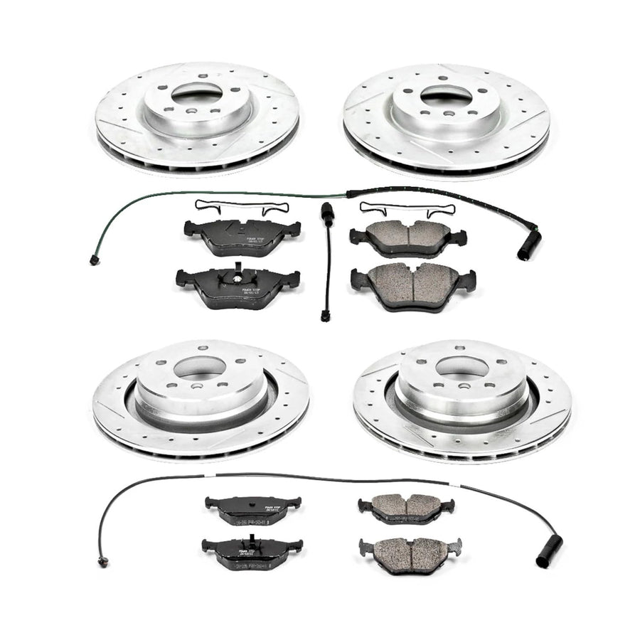 Power Stop K2841 Z23 Carbon Fiber Brake Pads Front and Rear with Drilled & Slotted Brake Rotors Kit and 1 Front & 1 Rear Sensor Wires For BMW Z3 1998-2002 [Model Specific]
